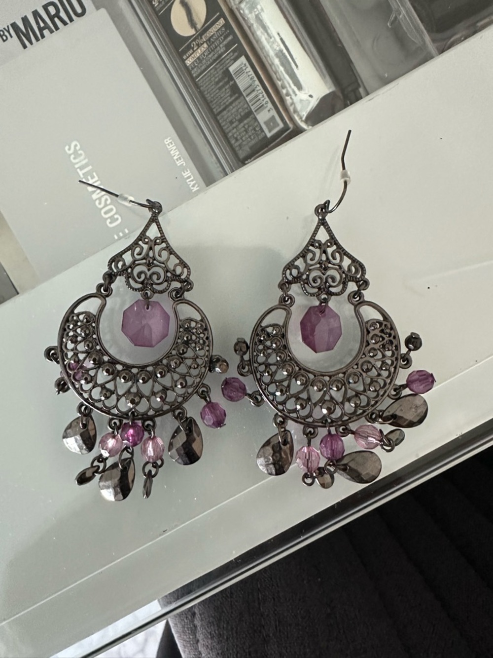 Boho Filigree Drop Earrings with Purple Beads